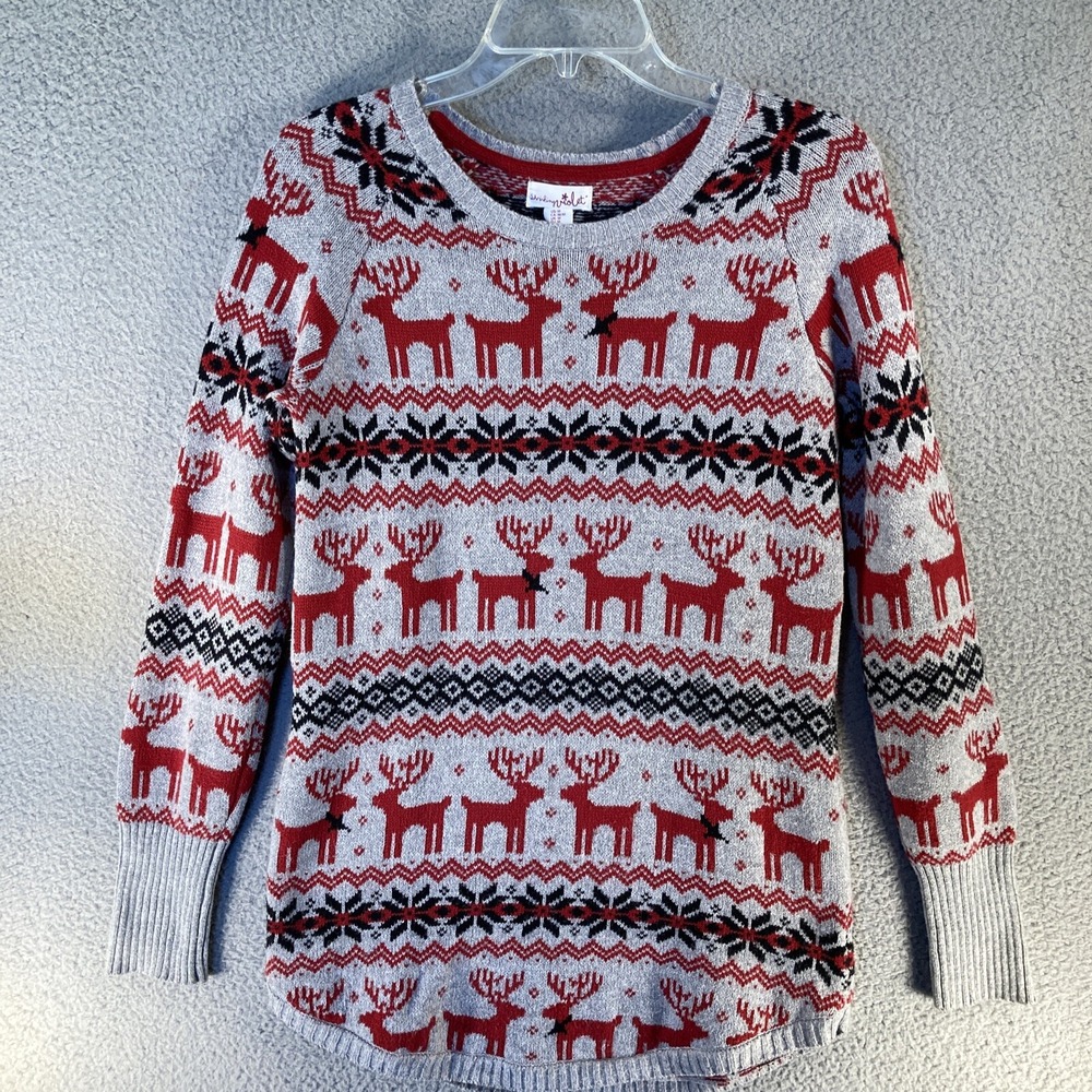 Shrinking Violet Reindeer Fair Isle Sweater Womens Medium Gray Red Holiday Knit